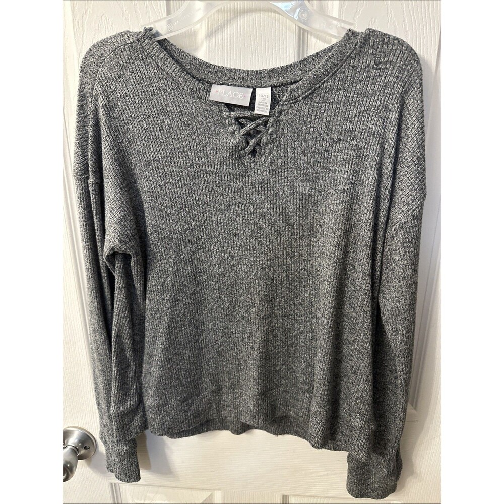 The Children's Place Girls Grey Long Sleeve Lace-Up Knit Top Size 10/12